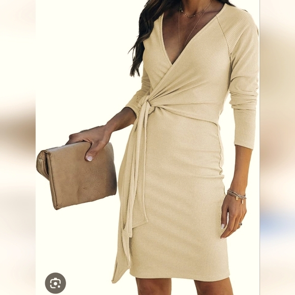 Off-white Cream Faux Wrap Knee Length Dress, Side Tie, Soft Ribbed Material, M - Picture 1 of 8